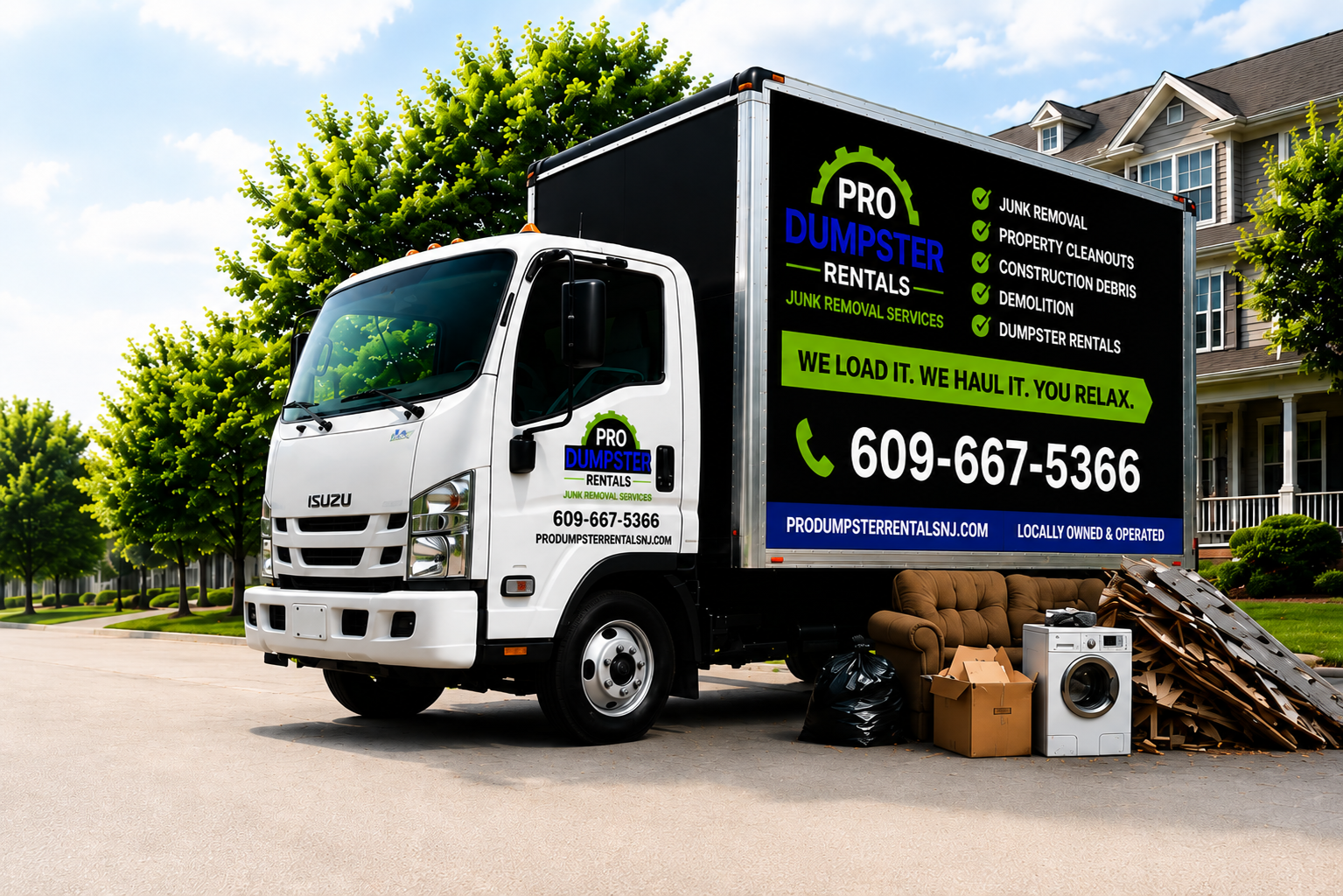 Pro Dumpster Rentals truck with junk removal items